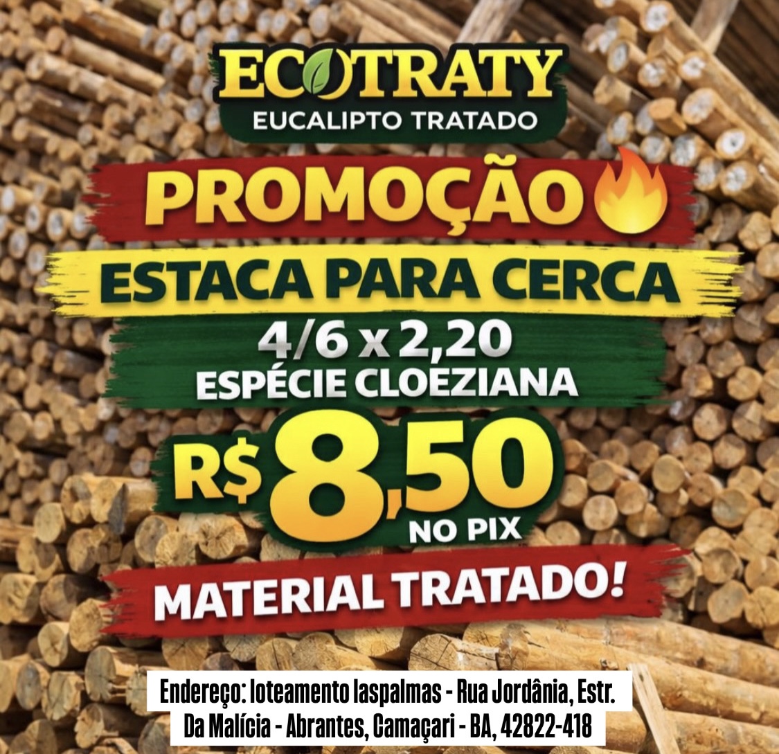 Promoção de estaca para cerca 4/6 x 2,20 espécie cloeziana por R$ 8,50 no Pix